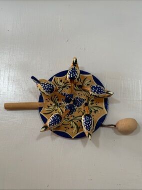 Russian Hand Painted Wooden Spinner with Blue & Tan Hen Chicken Bird Accents